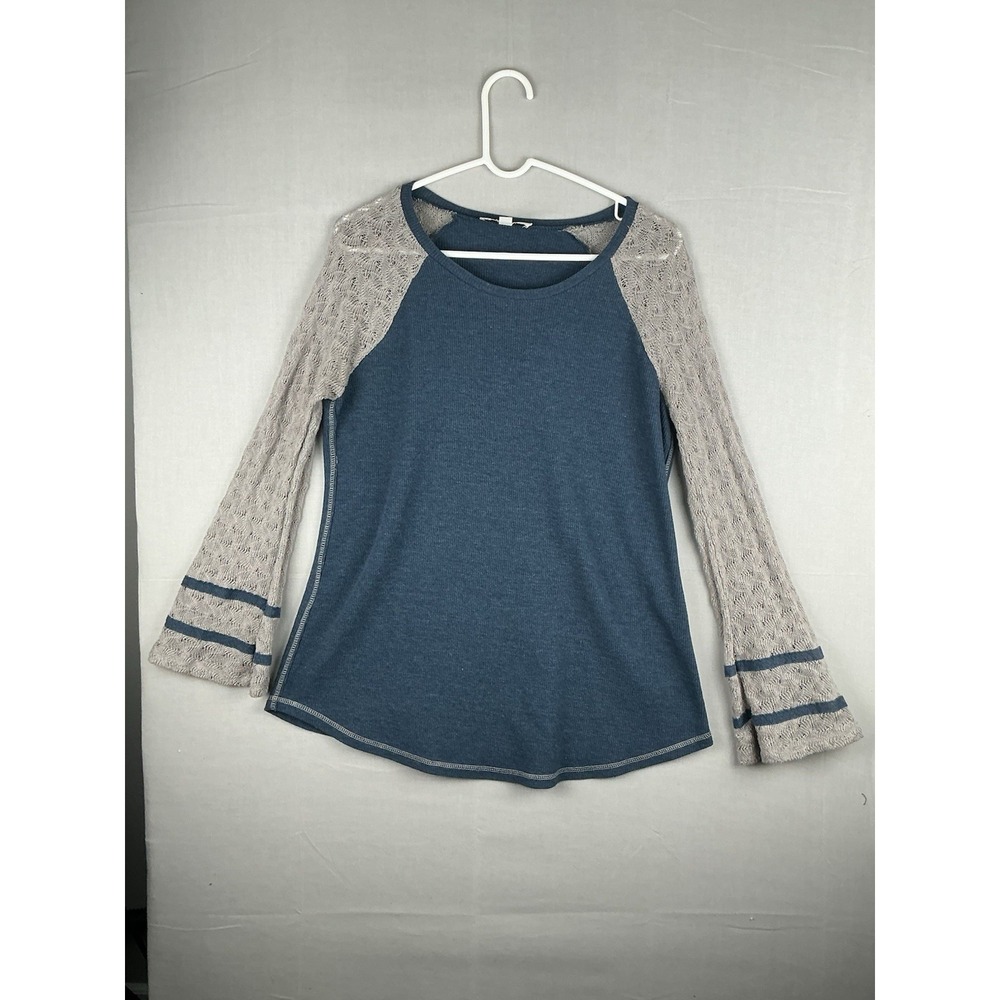 Together Womens Medium Blue Knit Top Lace Bell Sleeve Colorblock Boho